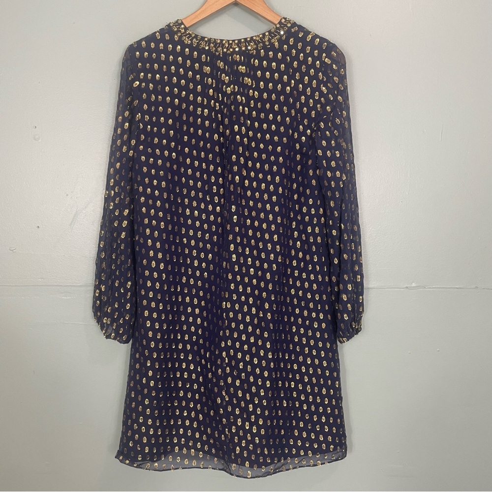 Lilly Pulitzer Crinkle Clip Silk Jacquard Gold Metallic Dress Mini Navy Sz 8 - Picture 9 of 11